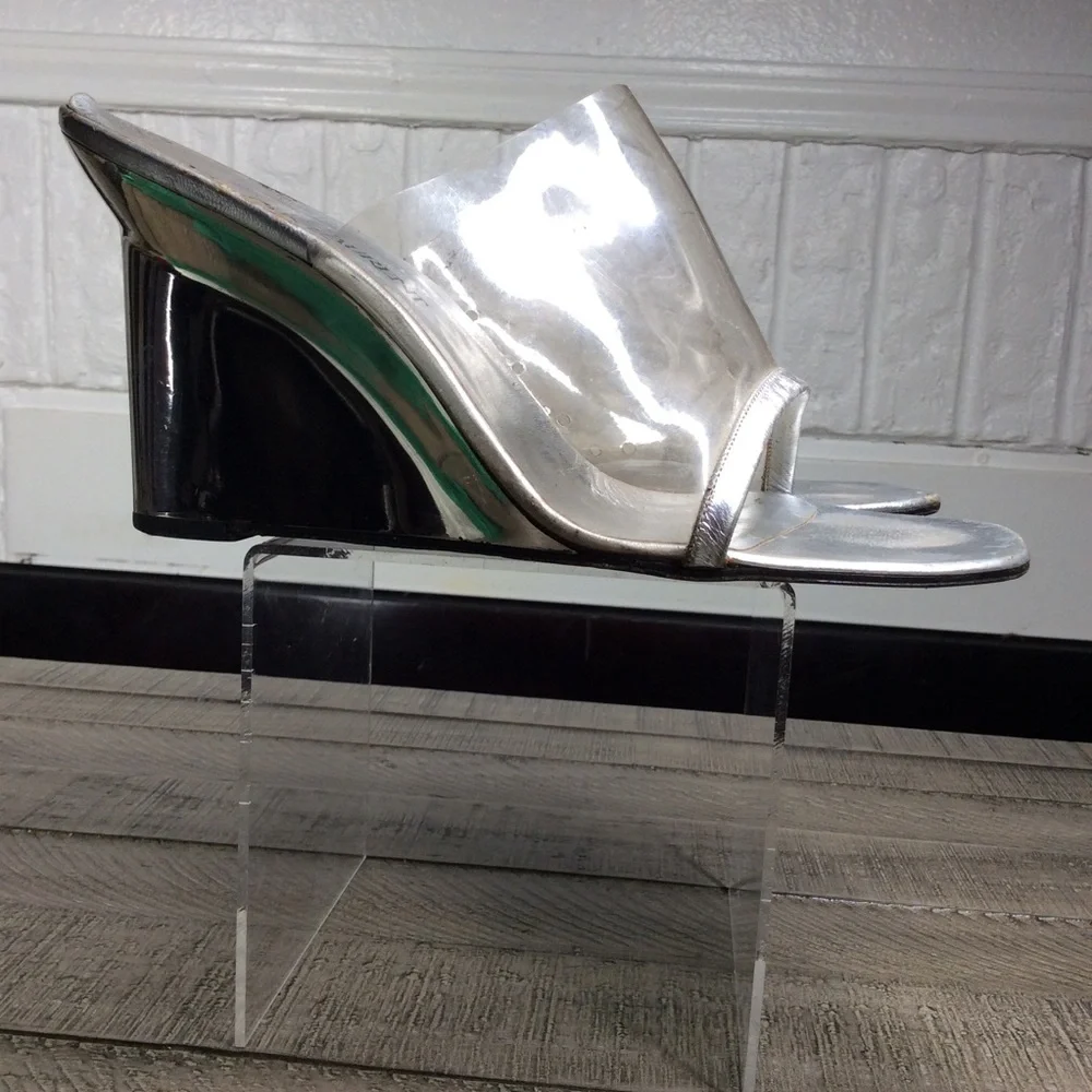 vintage Yves Saint Laurent silver and clear lucite mules with mirror finish